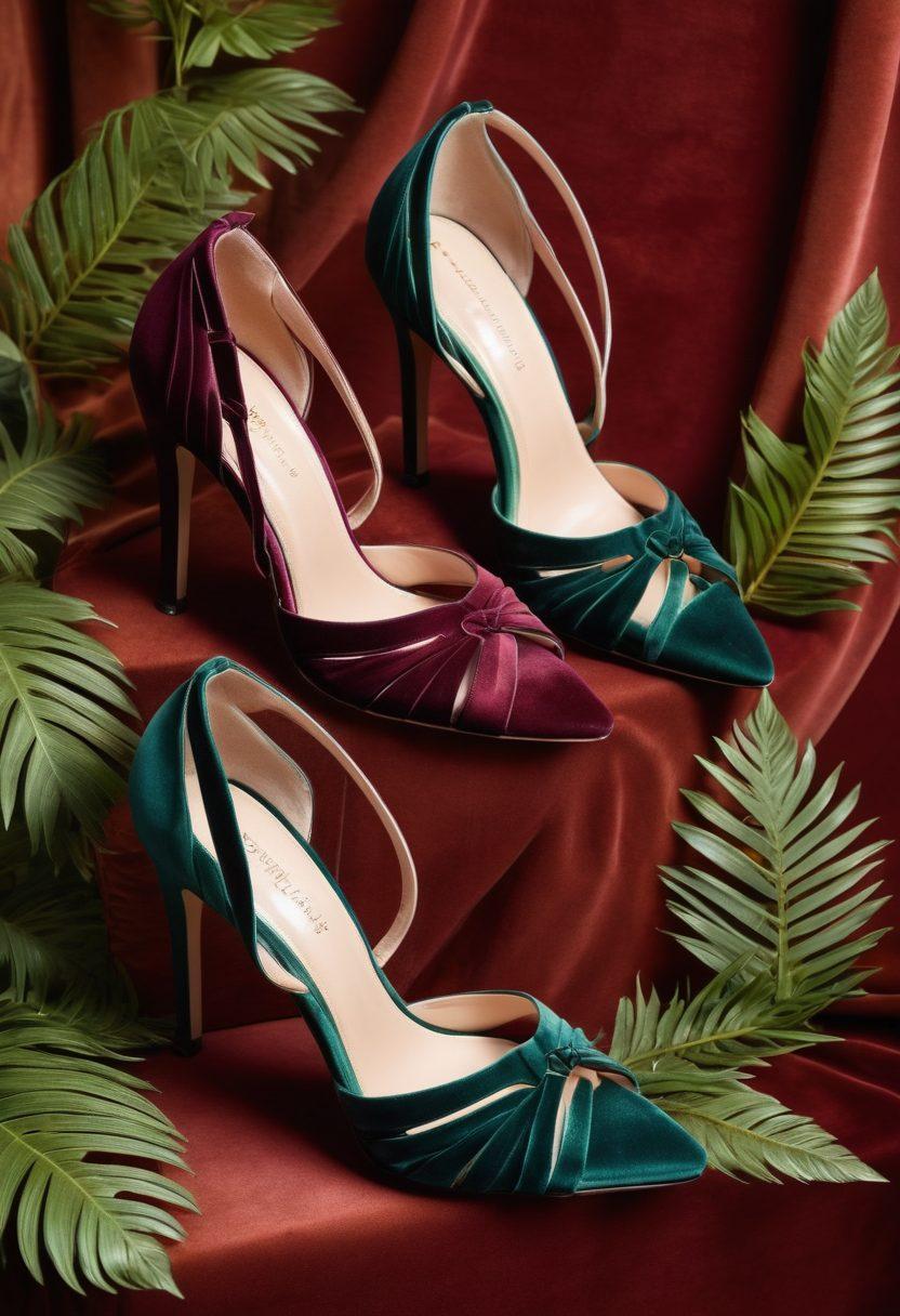 A glamorous display of various stunning footwear, showcasing a stylish transition from strappy sandals to elegant stiletto shoes. The shoes should be arranged in a captivating spiral pattern on a luxurious velvet backdrop, with soft lighting highlighting the textures and colors of each shoe. Include subtle elements like sparkling accessories and a hint of lush greenery to enhance the visual appeal. The overall atmosphere should convey elegance and sophistication. super-realistic. vibrant colors. luxurious setting.