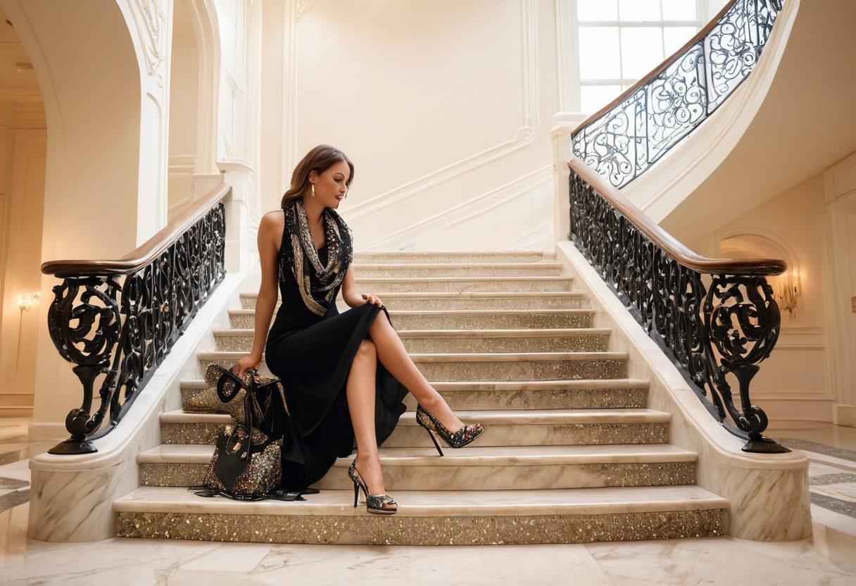 A fashionable woman gracefully stepping down a marble staircase, showcasing a pair of stunning high heels adorned with sequins and intricate designs. Surround her with elegant accessories, like a designer handbag and a silk scarf flowing elegantly in the air. Incorporate a soft spotlight highlighting her shoes, with a blurred luxury boutique in the background to enhance the chic ambiance. super-realistic. vibrant colors. soft focus.